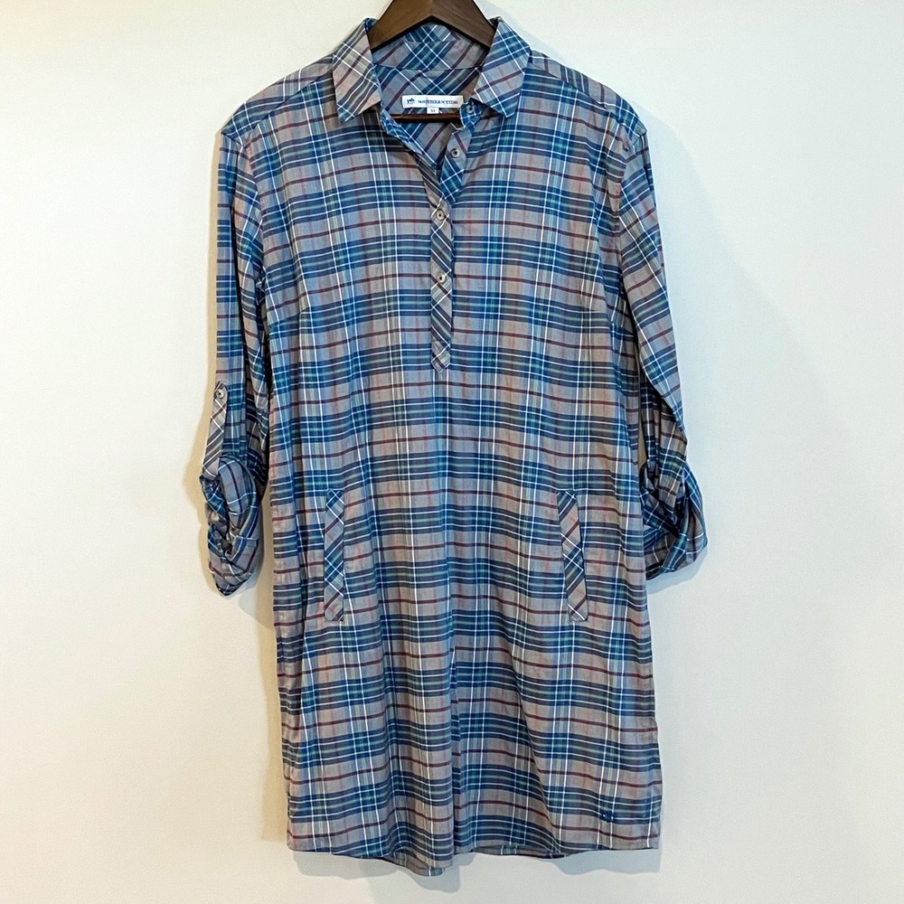 Southern Tide Womens Plaid Roll Tab Sleeve Shirt Dress Blue Green Medium